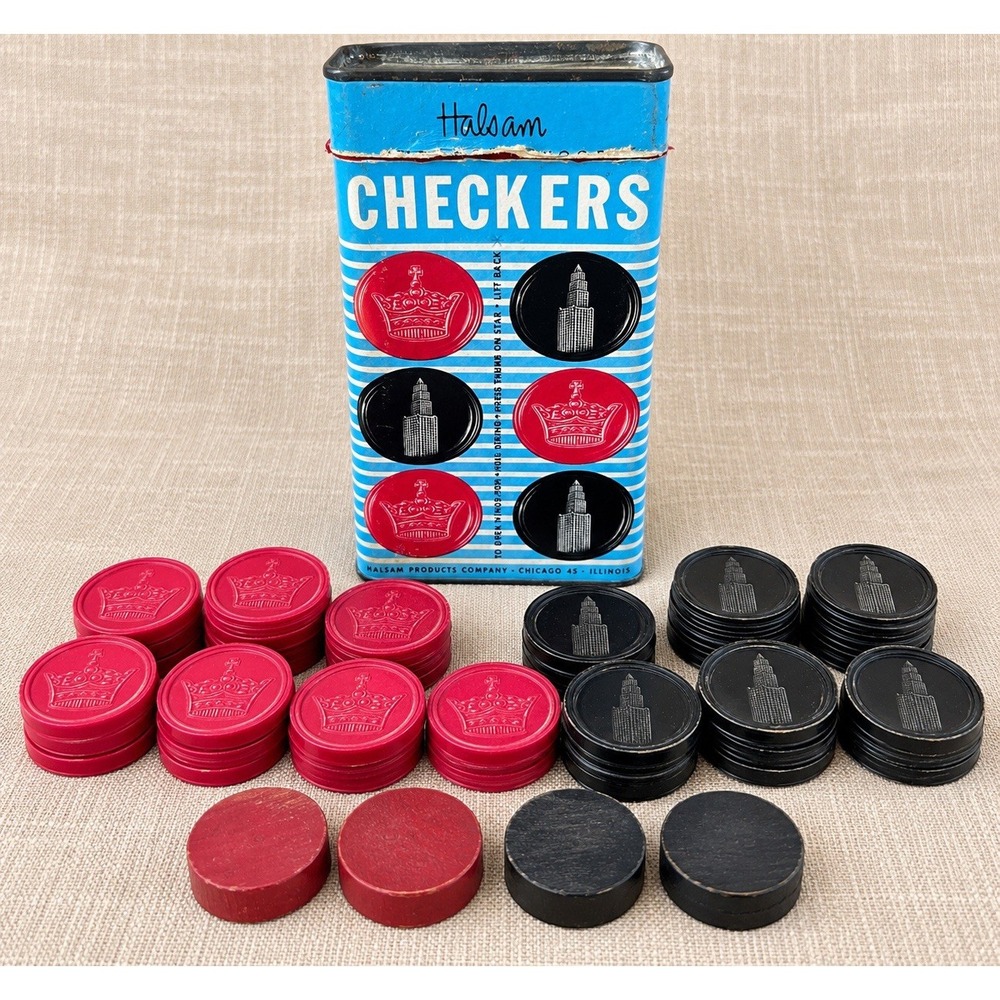 Vintage 1950s Halsam Checkers Set 145W Embossed Wood Pieces Original Tin USA